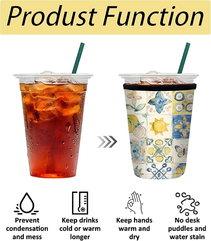 Neoprene Iced Coffee Sleeve 3 Pack, Reusable Insulated Cup Holder with Colorful Watercolor Pattern, Fits 16–32 oz Tumblers, Compatible with Starbucks & Dunkin