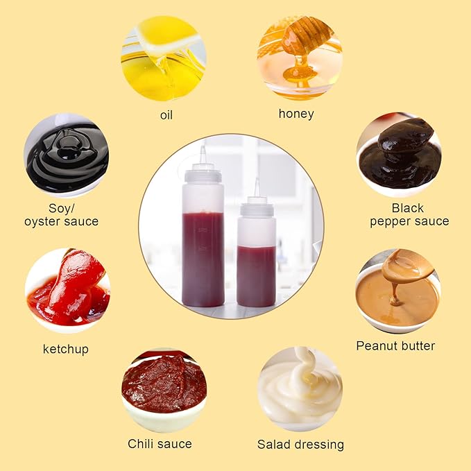Katfort Squeeze Bottles for Sauces 2 Pack, 16 Ounce Plastic Dressing Squirt Bottles with Cap Lids, Condiment Bottle for Liquids BBQ Dressing Pancake Art Dispenser