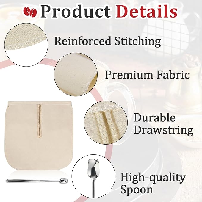 4 Pcs Reusable Cold Brew Coffee Bags with Drawstring for Toddy Systems Pitchers Mason Jars, Includes 2 Pcs Bonus Stainless Steel Spoons