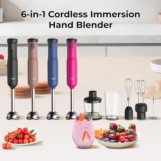 Rosewill 6-in-1 Multi-Speed Cordless Rechargeable Immersion Hand Blender, Heavy Duty Motor - Stick Blender, Beaker, Whisk, Chopper, Dual Beater, Milk Frother - For Smoothies, Baby Food, Soup - Rose