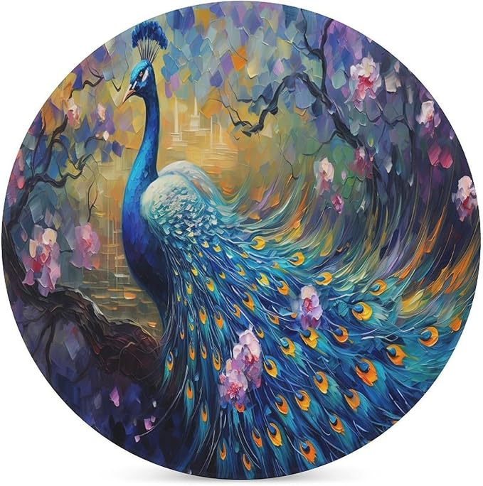 Peacock Drink Coasters, Round Ceramic Drink Coaster Round-4PCS, Vintage Watercolor Style Floral Beautiful Blue Peacock Decor Absorbent Ceramic Coasters for Beverage Cup, Bar, Coffee Table