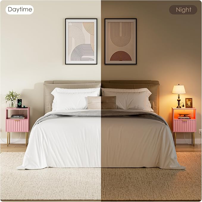 Nightstand with Charging Station and LED Lights, Modern Pink Bedside Table with Fluted Panel Drawer and Gold Legs, End Table with USB Ports & Outlets for Bedroom, Living Room