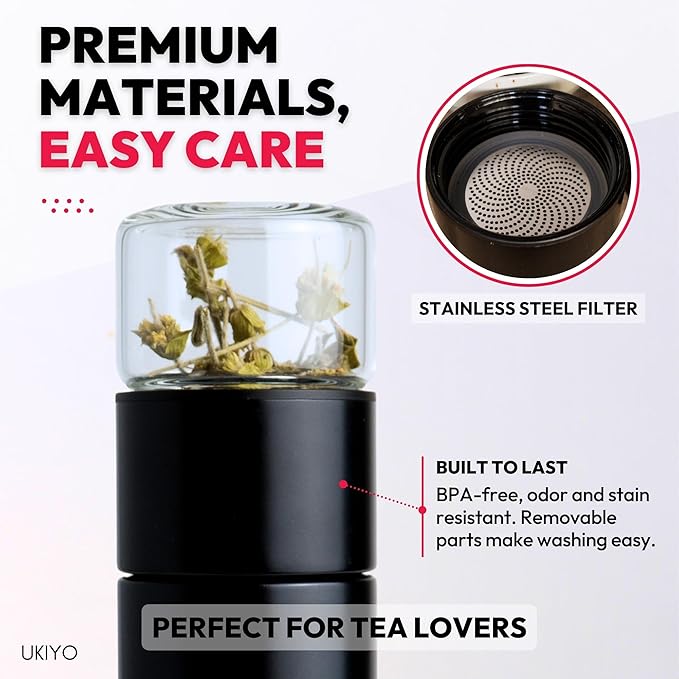 Ukiyo Steel Premium Stainless Steel and Glass Tea & Fruit Infuser Bottle - Travel Tumbler with Stainless Steel Filter