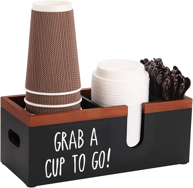 100% Wooden Coffee Cups Holder with U-Shape Cutout Design for Countertop-Coffee Bar Organizer for Cups, Lids, Pods, Stirrers, and Accessories, Great Gift for Home or Office