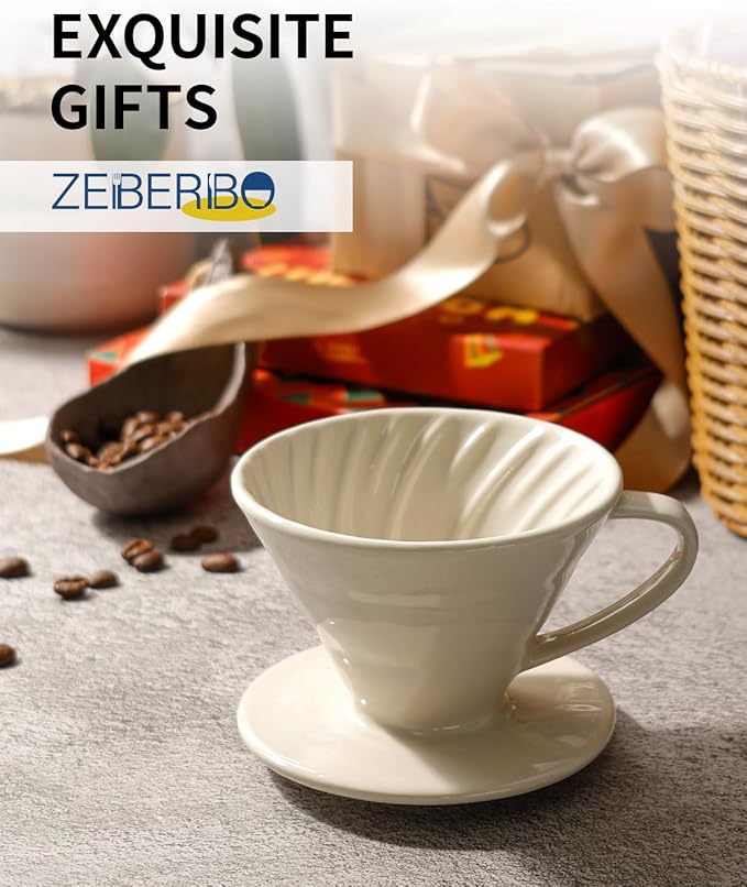 Pour Over Coffee Maker, Single Cup Ceramic Coffee Dripper, Reusable Filter Cone Drip Holder Slow Brewer with Hole Flat Bottom for Home, Office, Travel, Camping (White)