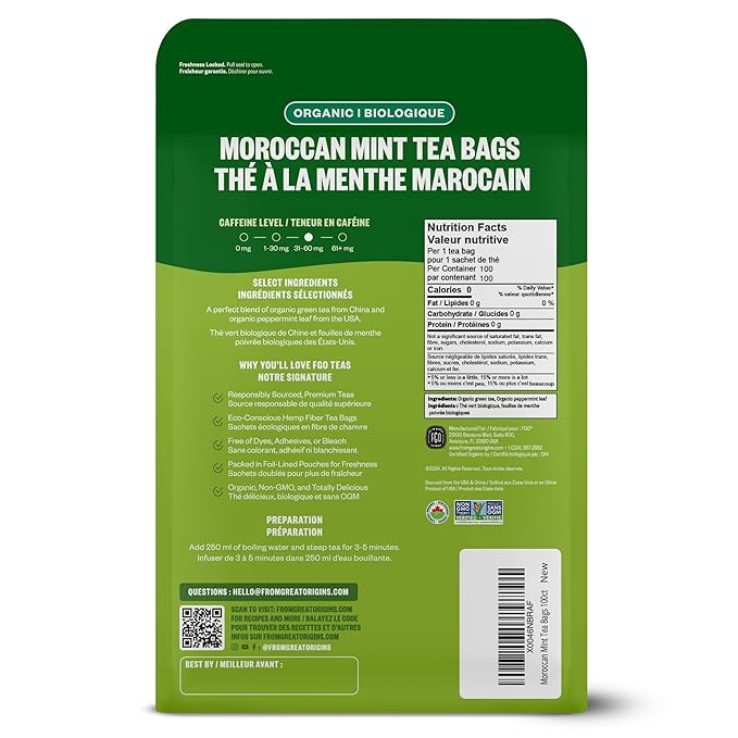 FGO Organic Moroccan Mint Green Tea, 100 Count, Eco-Conscious Tea Bags, Resealable Bag, Packaging May Vary (Pack of 1)