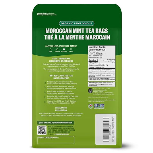 FGO Organic Moroccan Mint Green Tea, 100 Count, Eco-Conscious Tea Bags, Resealable Bag, Packaging May Vary (Pack of 1)