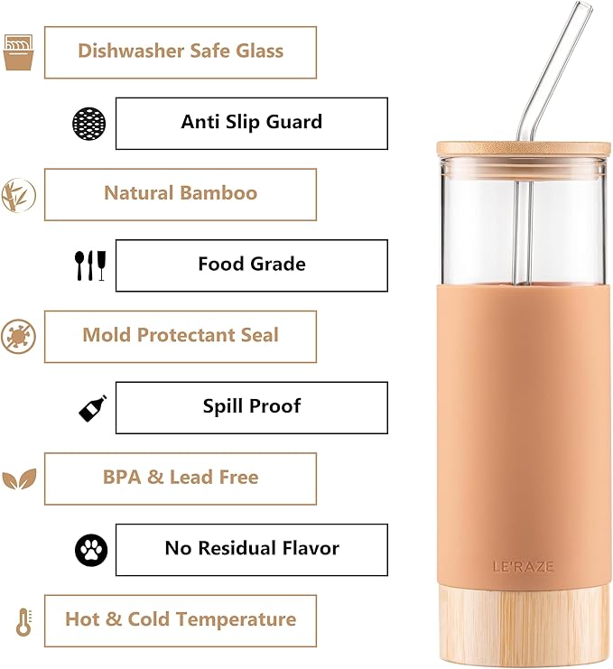 Premium 20oz Glass Tumbler Cup with Straw and Bamboo Lid & Base with Protective Silicone Sleeve - BPA Free - Growler Water Bottle Reusable Drinking Glasses Cup for Iced Tea, Coffee, Smoothie - Amber