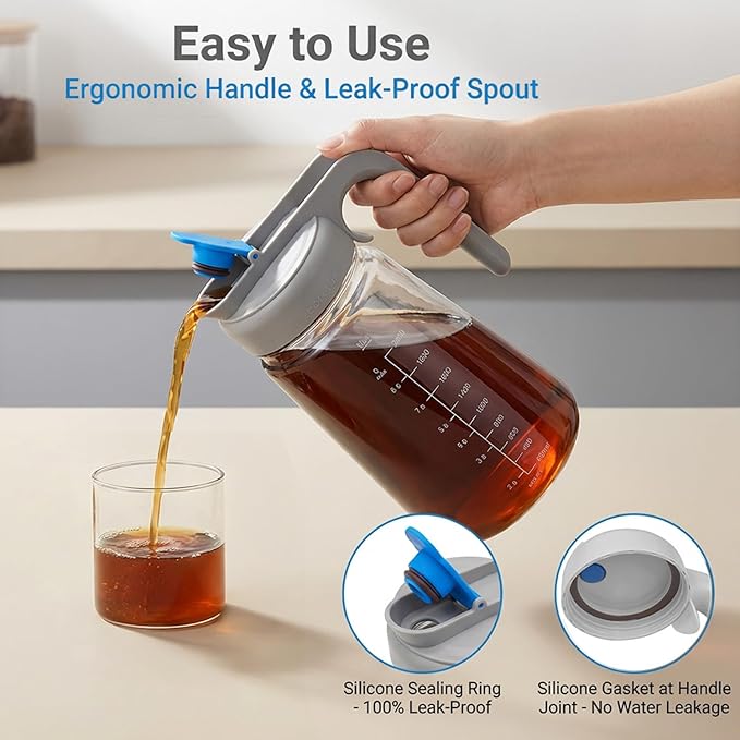 ECORELAX Cold Brew Coffee Maker,High Transparency Borosilicate Glass Container with Stainless Steel Filter, Iced Tea Pitcher with Lid,Modern Style, Ergonomic Handle,Spill-proof Lid (（Gray 64oz)