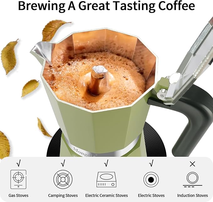 Mongdio Stovetop Espresso Maker Moka Pot, Stove Top Cuban Coffee Maker, Italian Greca Mocha Pot, 6 Espresso Cups, 10 oz - Green