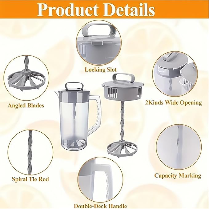 Mixing Pitcher for Drinks with Lid-Wide Mouth Juice Pitcher,Includes Plastic Blades & Adjustable Mixer Plunger,Comes with Cleaning Sponge Brush,Perfect for Juice,Tea,Milk,Lemonade (2.1qt/67.6oz)