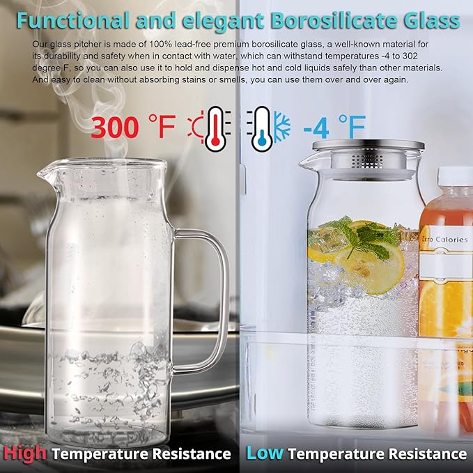 Bivvclaz 3 Pack 2 Liter 68 oz 2.1 Qt Glass Pitcher with Lid and Handle, Water Pitcher for Fridge, Glass Carafe for Hot/Cold Water, Large Iced Tea Pitcher for Coffee, Juice and Homemade Beverage