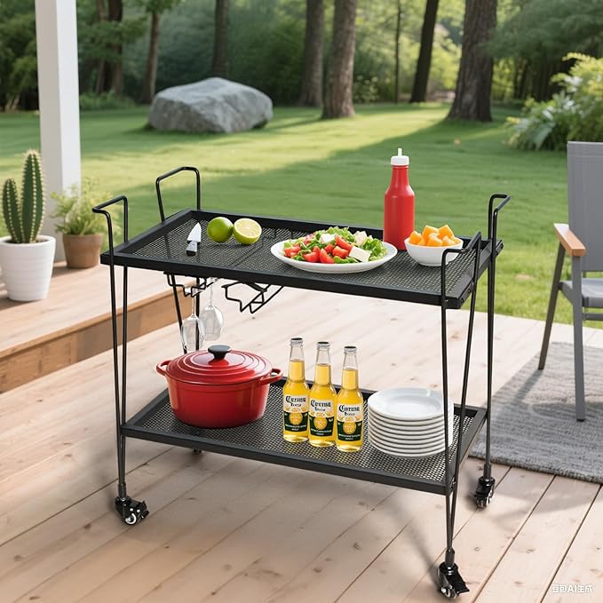 2-Tier Rolling Bar Cart with Wine Glass Rack, Black Metal Mesh Design, Mobile Storage Trolley with 4 Universal Wheels (2 Lockable for Safety), Handle on All Sides, 28.3x14.6x27 Inches
