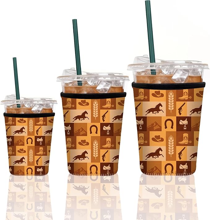 Neoprene Iced Coffee Sleeve 3 Pack, Reusable Insulated Coffee Cup Sleeves with Western Cowboy Pattern, Fits 16–32 oz Tumblers, Compatible with Starbucks & Dunkin