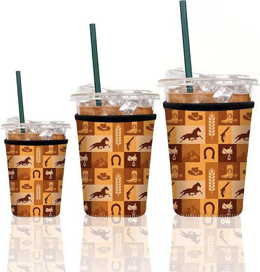 Neoprene Iced Coffee Sleeve 3 Pack, Reusable Insulated Coffee Cup Sleeves with Western Cowboy Pattern, Fits 16–32 oz Tumblers, Compatible with Starbucks & Dunkin