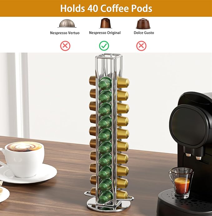 SEVENLINE Coffee Pod Holder Stand Compatible With Nespresso Original Pods Carousel Storage Rack Capsules Organizer For 40 Capsules (Silvery)