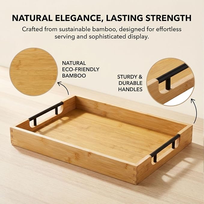 Krismax Wooden Serving Tray with Handles, Serving Platter 15.7x11.4 Inch Food Drinks Tray for Coffee Table,Decorative Storage Tray for Entertaining, Breakfast Tray in Bed,Lunch,Dinner,BBQ(Bamboo)