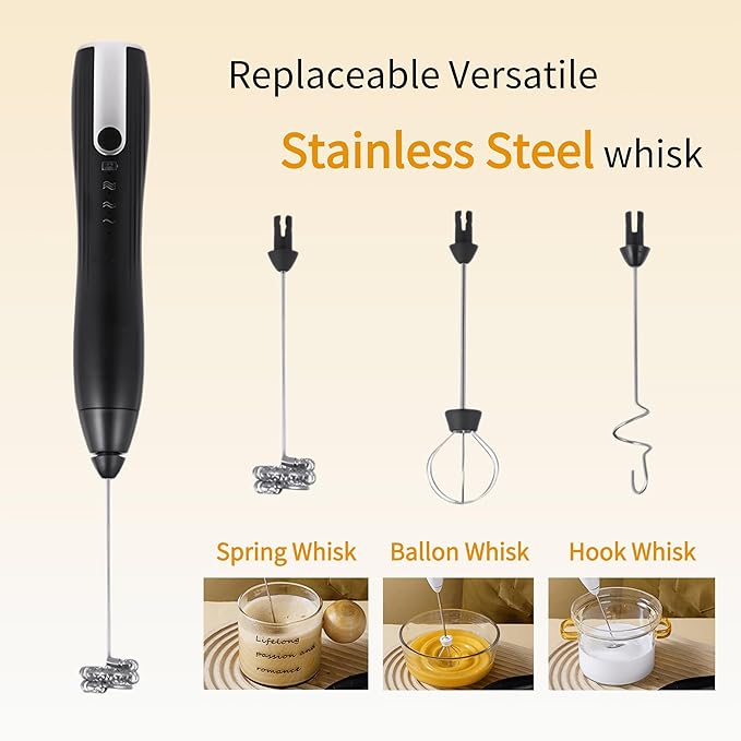 Rechargeable Milk Frother Handheld,Kitchen Essentials Hand Mixer with 3 Stainless Whisks Heads,Electric Whisk Frother for Latte, Cappuccino,Matcha, Egg, Milk Powder,with Stand (black)