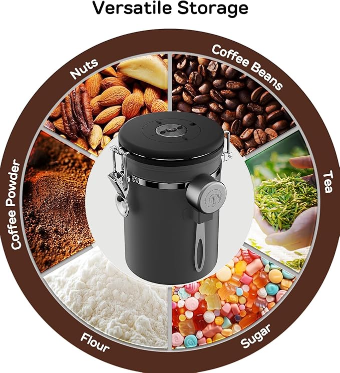 Coffee Gator Coffee Canister, 11oz Airtight Stainless Steel Kitchen Food Storage Container with Date-Tracker, CO2-Release Valve and Scoop for Beans, Grounds, Sugar, Cookies Jars, Tea, Cereal - Gray