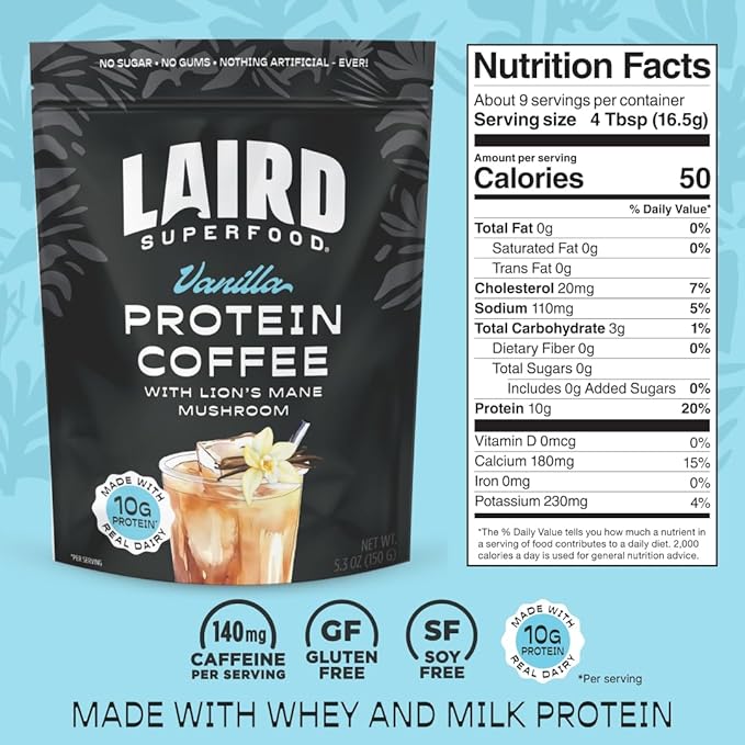 Laird Superfood Protein Coffee Powder - Vanilla Whey Protein, Instant Coffee Mix with Lion’s Mane - 10G Protein, 140mg Caffeine, 0g Sugar