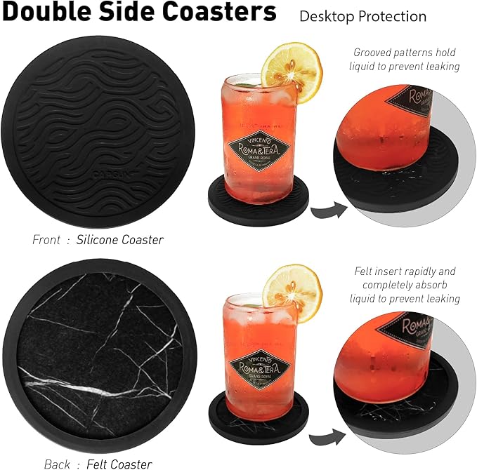 Set of 6 Non-Slip Silicone Coasters with Holder, Double-Sided Absorbent for Hot/Cold Drinks, Scratch & Water Ring Protection for Wood Tables, Home Office Bar, Black Gold Marble (Black White Pattern)