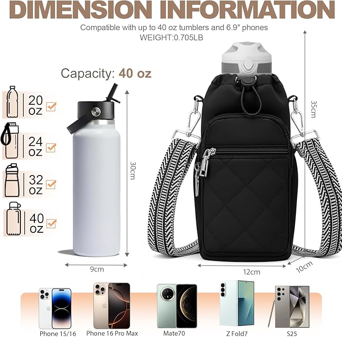 Water Bottle Carrier Bag with Strap, Water Bottle Purse with Phone Pocket 40oz for Walking Hiking