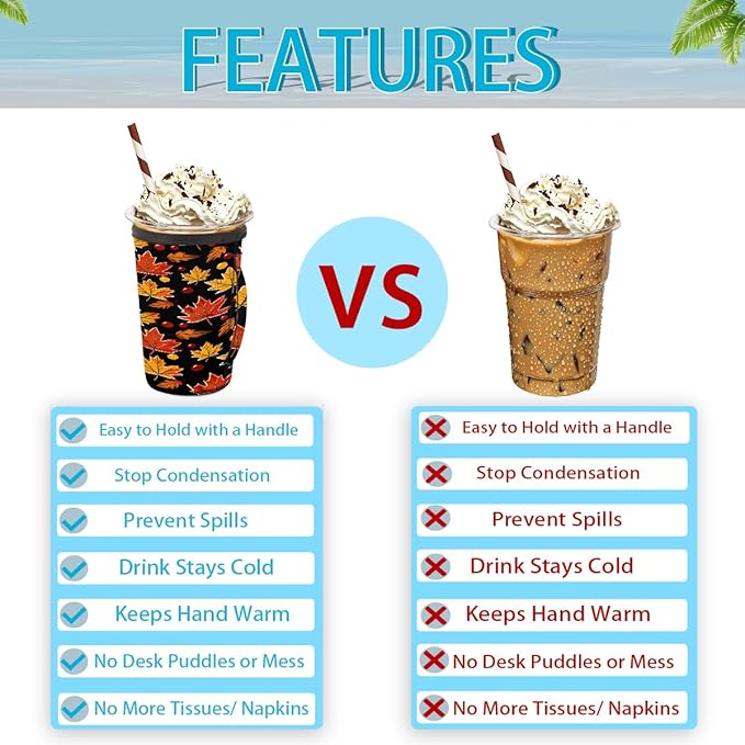 Reusable Iced Coffee Sleeve with Handle, Fall Autumn Maple Leaves Pattern Neoprene Cup Sleeve Insulator Cup Holder for Cold Drinks Beverages 24oz - 28oz
