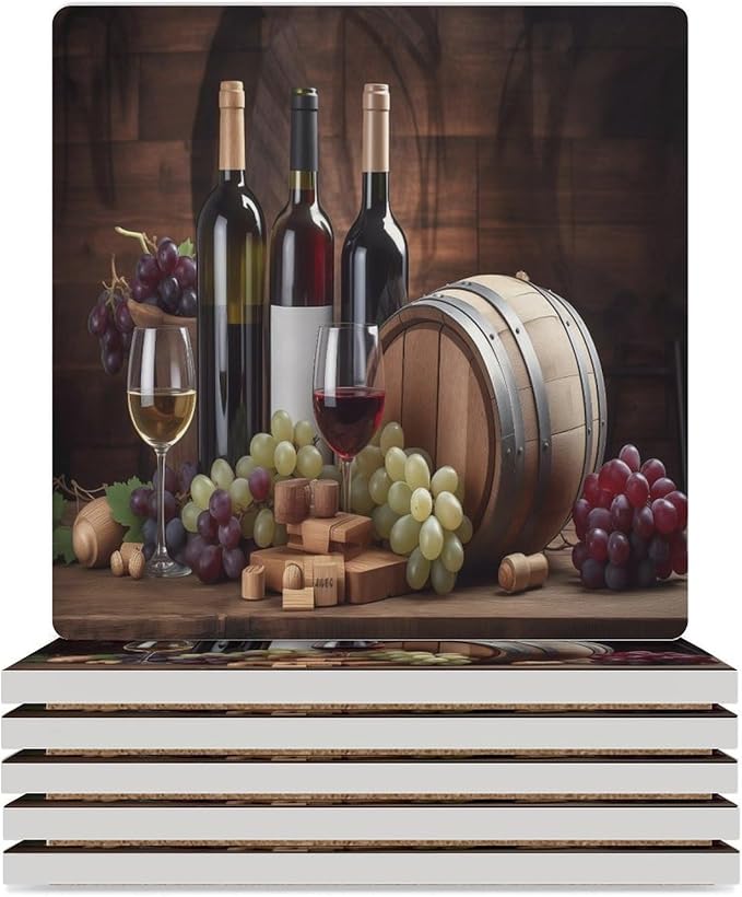 Red Wine Drink Coasters, Square Ceramic Drink Coaster Square-6PCS, Vintage Wood Style Red Wine Fruit Grapes Fruit Barware Decor Absorbent Ceramic Coasters for Beverage Cup, Bar, Coffee Table
