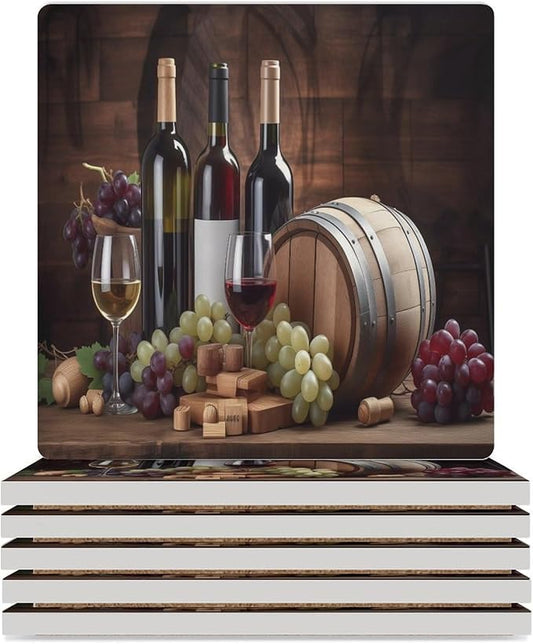 Red Wine Drink Coasters, Square Ceramic Drink Coaster Square-6PCS, Vintage Wood Style Red Wine Fruit Grapes Fruit Barware Decor Absorbent Ceramic Coasters for Beverage Cup, Bar, Coffee Table