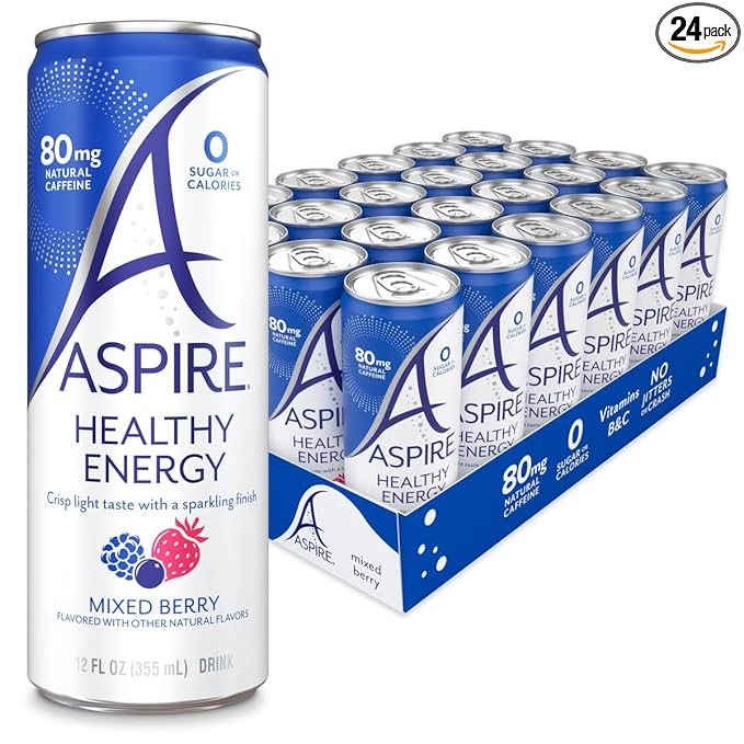 ASPIRE® Mixed Berry, Healthy Energy Drink 80mg Natural Caffeine, Zero Sugar No Carbs Keto Friendly, 24 Pack Green Tea Sugar Free Drink Low Caffeine Zero Calorie