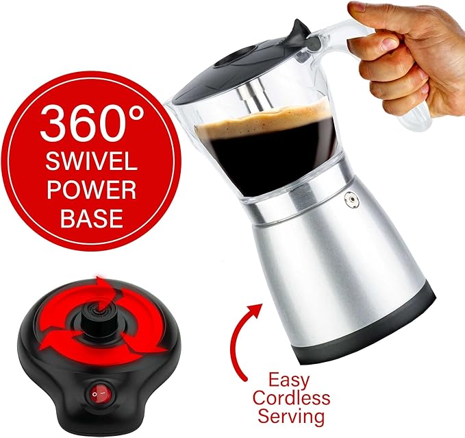 Brentwood TS-119S 550-Watt Cordless Electric Moka Pot Espresso Machine, 6-Servings (Silver)