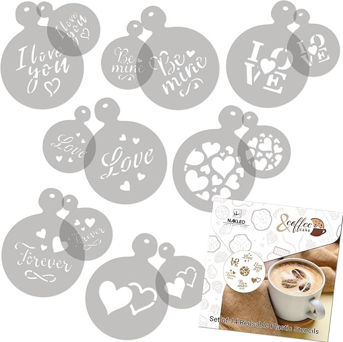 NAKLEO Coffee Stencils and Cookies Decoration 14Pcs 2.8”x2.8” and 4.3”x4.3”, Reusable Plastic Baking Templates, Love Valentines Day, Barista DIY Art Craft, Capuccino Latte Chocolate Cake Biscuit