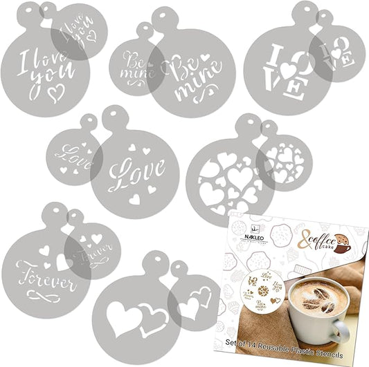 NAKLEO Coffee Stencils and Cookies Decoration 14Pcs 2.8”x2.8” and 4.3”x4.3”, Reusable Plastic Baking Templates, Love Valentines Day, Barista DIY Art Craft, Capuccino Latte Chocolate Cake Biscuit