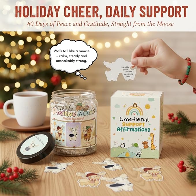 Positive Christmas Moose Jar with 60 Daily Affirmation Cards, Funny Emotional Support Gift for Men and Women, Cozy Christmas Gifts for Coworkers Teachers and Friends, Holiday Home or Office Decor