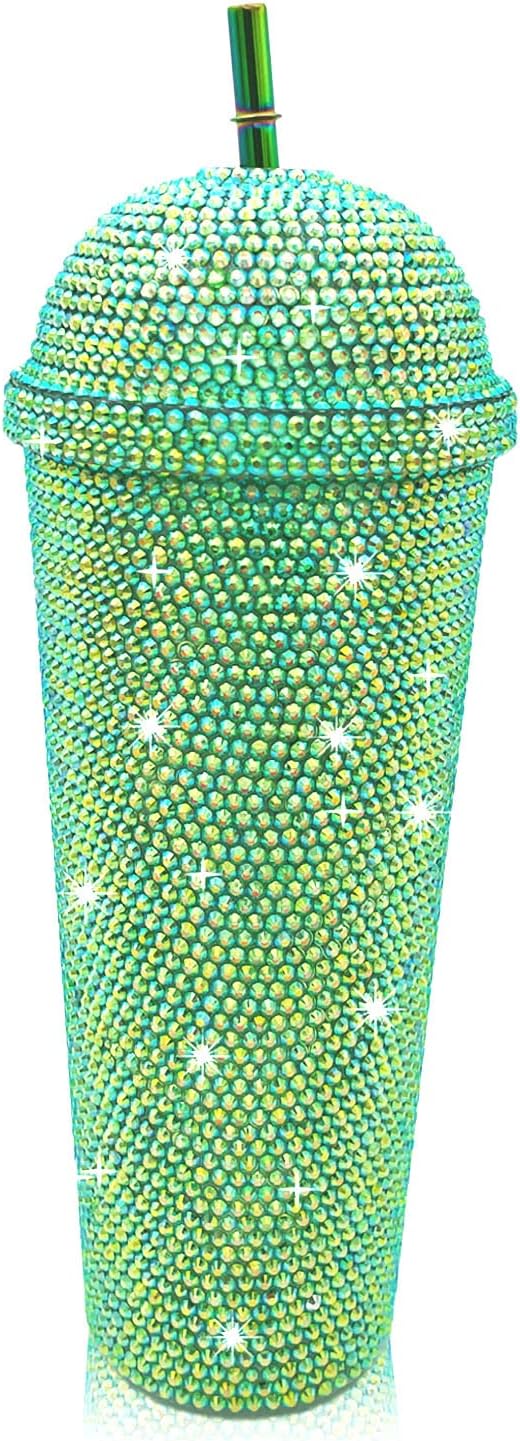 24oz Bling Cup Handmade Rhinestones Studded Tumbler Double Wall Insulated Plastic Reusable Water Bottle with Lid and Straws for Home Office Party Beach(Light Green)