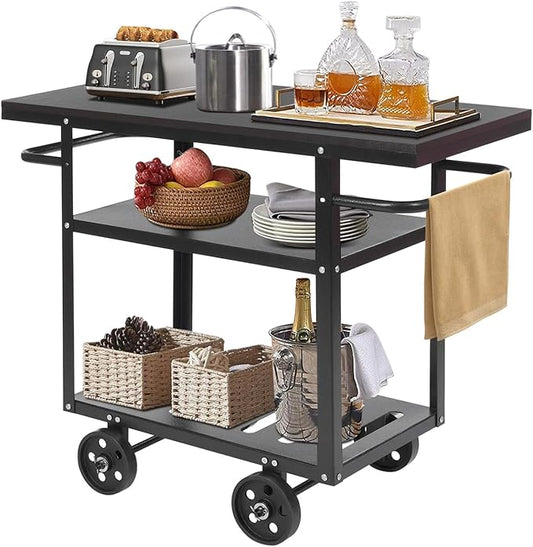 Rolling Bar Cart with Wheels, Industrial Mobile Serving Cart Kitchen Storage Cart 3-Tier with 2 Side Handle, Vintage Rustic Style, Heavy Duty & Sturdy, for Home Bar Cafe Restaurant Hostel