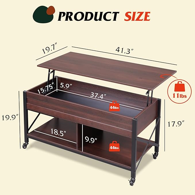 WLIVE Coffee Table, 41.3" Lift Top Coffee Table with 4 Wheels, Hidden Compartment, Storage Shelf and Lift Tabletop for Living Room, Reception Room, Espresso