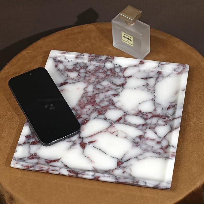 Natural Marble Tray, Coffee Table, Food, Fruit, Paper Cup, Cake Display, Coffee bar, Family Gatherings, Seasonal Holiday Decoration Tray(Viola-Square-9.8"x9.8"x0.7")