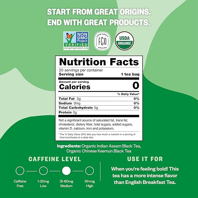 FGO Organic Irish Breakfast Tea, 20 Count, Eco-Conscious Tea Bags (Pack of 1)