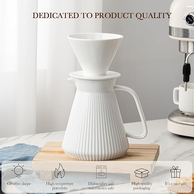 Pour Over Coffee Maker Set, Ceramic Coffee Dripper with Pot Set, 22OZ White Cream Pour Over Coffee Brewer for Home Café Restaurant Camping, Size 02
