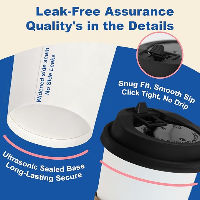 Coolcap 20 oz 300 Pack Coffee Cups with Lids and Sleeves, Straws, Hot Disposable To Go Travel Paper Cups Bulk for Office, Home Coffee Bar Accessories, Chocolate, Cocoa, Beverage (White)