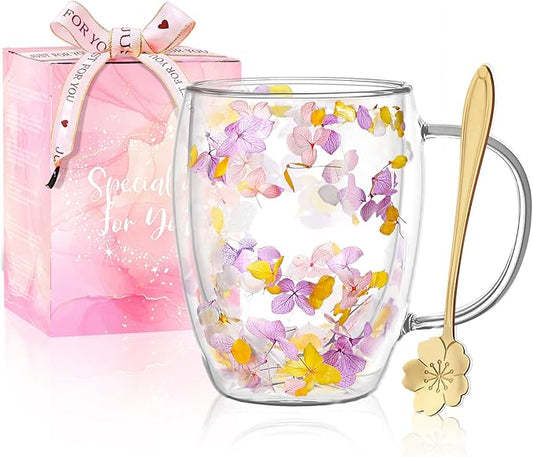 Double Wall Glass Coffee Mugs, Aesthetic Dried Flowers Cups with Handles,Espresso Cups for Cappuccino Coffee Tea Milk,Insulated Heat Resistant Glass Mug Christmas Birthday Gifts for Women