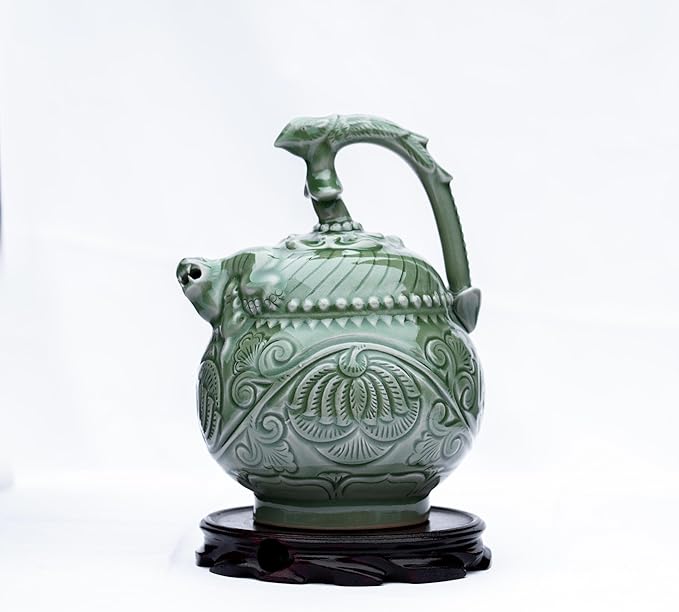 Celadon Inverted Flow Teapot - Handcrafted Chinese Traditional Ceramic Tea Pot with Intricate Carvings, Collectible Art Piece & Functional Teaware
