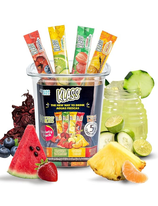 Klass Aguas Frescas, Powdered Drink Mix Variety Pack, 44 Singles Zero Sugar & Caffeine-Free Powder Packets, Water Drink Mix, Flavors: Cucumber Limeade Pineapple Tangerine Strawberry Watermelon & Hibiscus Berries - 5 Calories Per Packet & Natural Flavors