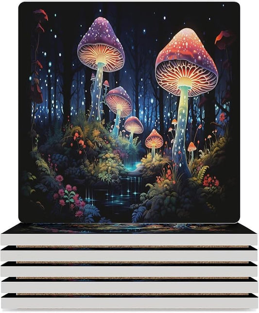 Botanical Drink Coasters, Square Ceramic Drink Coaster Square-6PCS, Fantasy Colorful Cartoon Style Abstract Mushroom Print Decor Absorbent Ceramic Coasters for Beverage Cup, Bar, Coffee Table