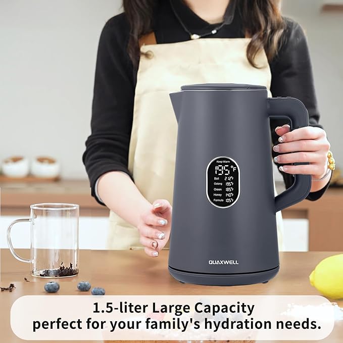 1.5L Electric Kettle Stainless Steel, Double Wall Cool Touch Teapot, Fast Boil,5 Temperature Control, LED Display, Auto Shut-Off, BPA-Free,Keep Warm Function, Ideal for Tea & Coffee (Gray)