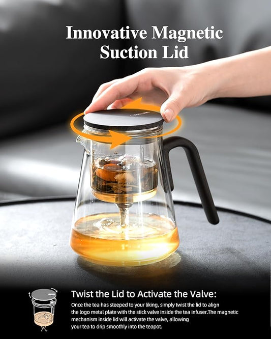 ZENS Magnetic Tea Pot, Enchanted Glass Teapot with Infuser and Magnetic Suction Lid for Mess-Free Loose Tea Diffusers, Black Walnut Pattern Handle, Tea Lovers Gifts