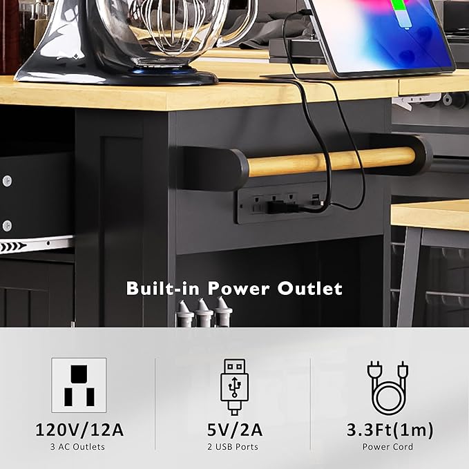 Rolling Kitchen Island with 2 Bar Stools, Drop Leaf & Power Outlet, Large Kitchen Islands Cart on Wheels, Movable Kitchen Island with 5 Open Shelves & Towel Rack for Kitchen, Dining Room, 48″, Black