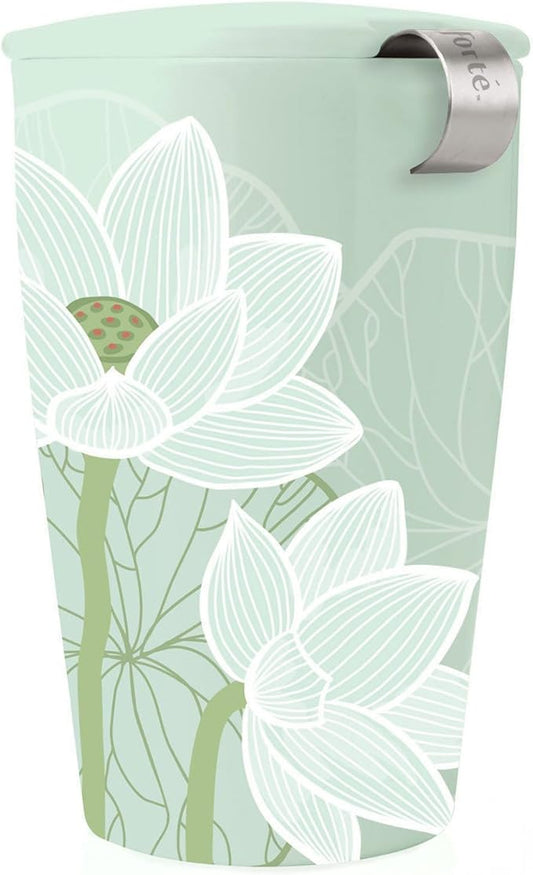 Tea Forte Double-Walled Ceramic Kati Cup, Removable Stainless Steel Infuser Basket and Lid, Steeps 12 oz Loose Leaf Tea, Dishwasher & Microwave Safe, Lotus