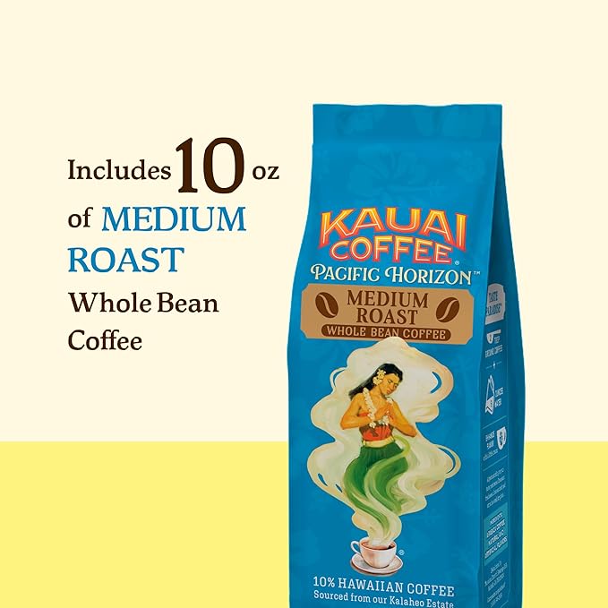 Kauai Coffee Whole Bean Coffee – Smooth,Non-Bitter Pure Arabica – Light Floral Notes & Bright Aroma-– Grown on Hawaii's Largest-Coffee Farm-– Koloa Estate Medium Roast of 10oz,(Pack of 4)